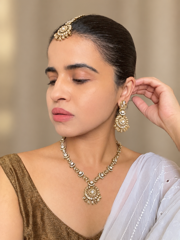 Buy Shivanshi Long Kundan Wedding Set With Tikka online in India. Shop from an exclusive range of jewellery, AD necklace, Kundan necklace for weddings. -full
