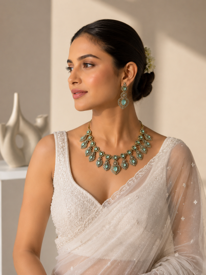 Buy Snehal Mint Green Statement Wedding Necklace online in India. Shop from an exclusive range of jewellery, AD necklace, Kundan necklace for weddings. -front