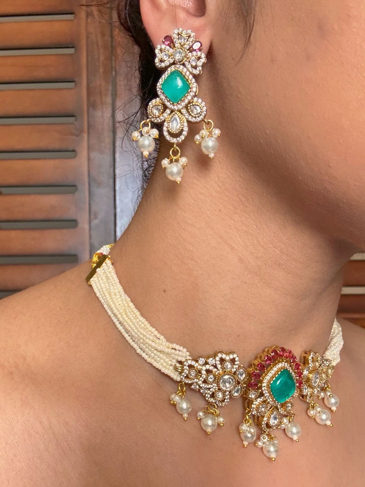 Buy Mohana Moissanite Choker In Pearl And Green Stones online in India. Shop from an exclusive range of jewellery, AD necklace, Kundan necklace for weddings. -second
