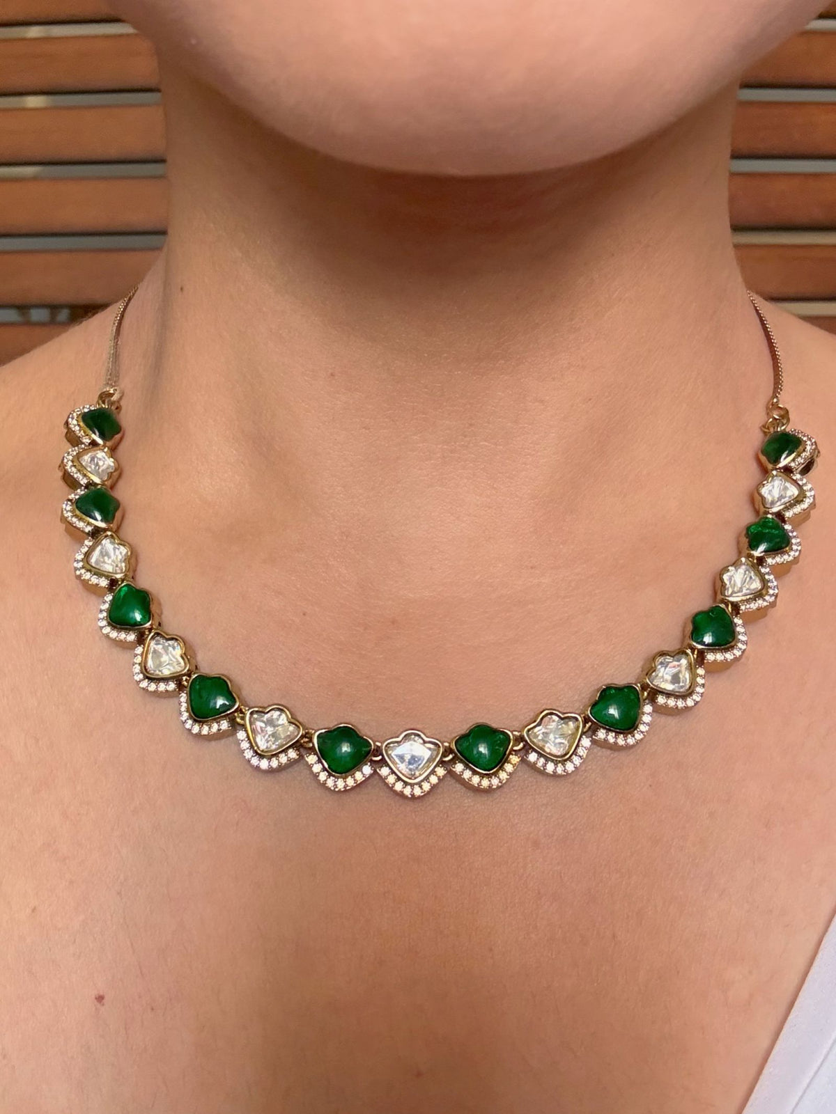 Buy Ishya Moissanite String In Green With Hanging Earrings online in India. Shop from an exclusive range of jewellery, AD necklace, Kundan necklace for weddings. -first