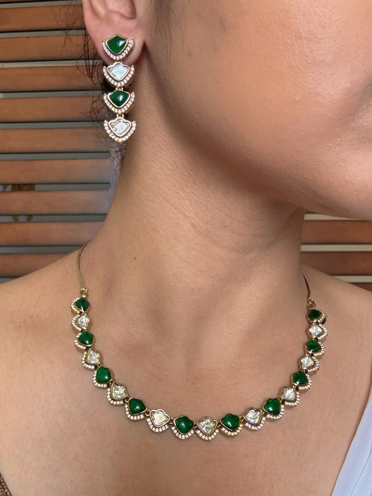 Buy Ishya Moissanite String In Green With Hanging Earrings online in India. Shop from an exclusive range of jewellery, AD necklace, Kundan necklace for weddings. - side