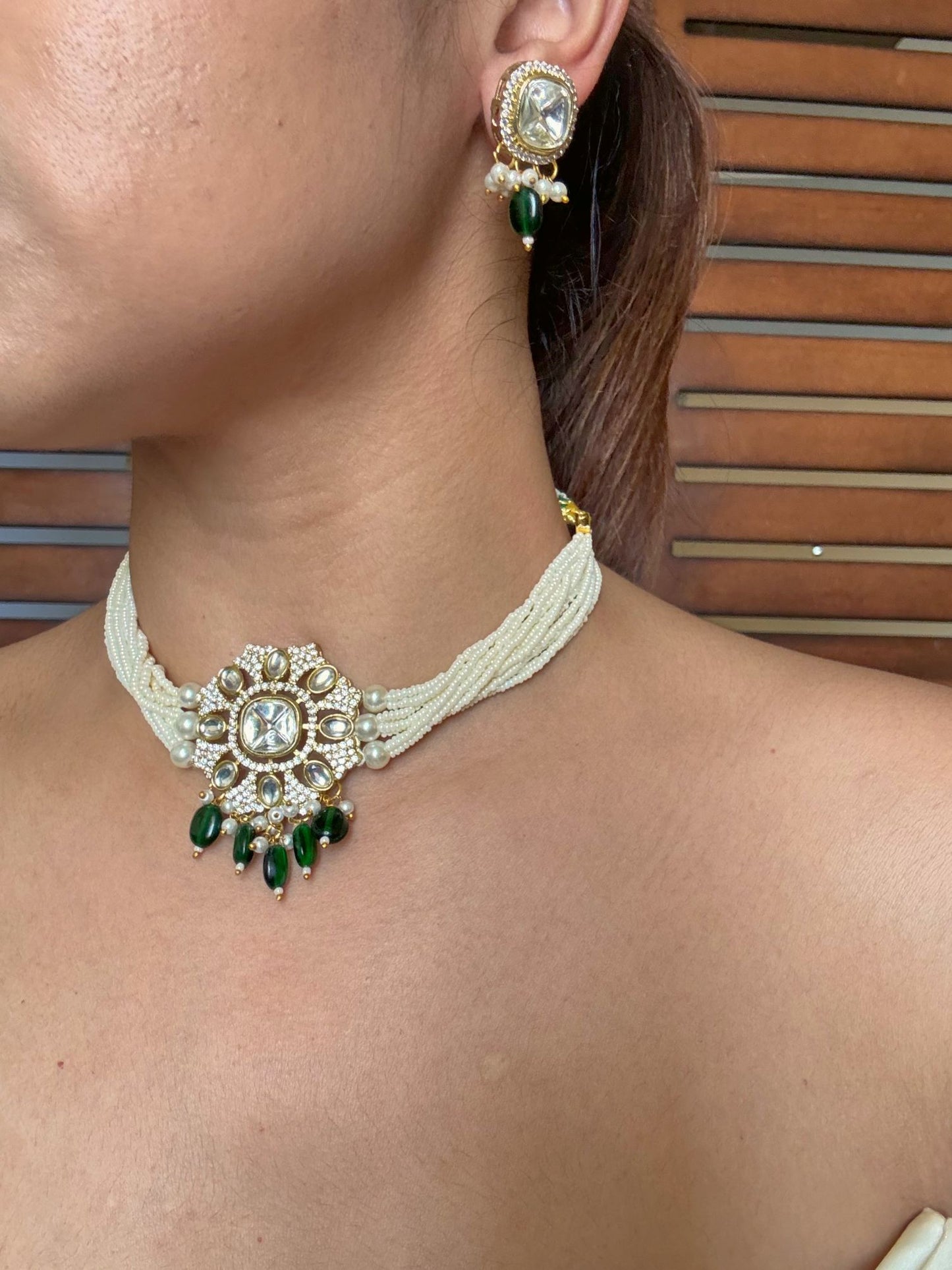 Buy Kaalki Statement Pearl Kundan Choker In Emerald Green online in India. Shop from an exclusive range of jewellery, AD necklace, Kundan necklace for weddings. -second