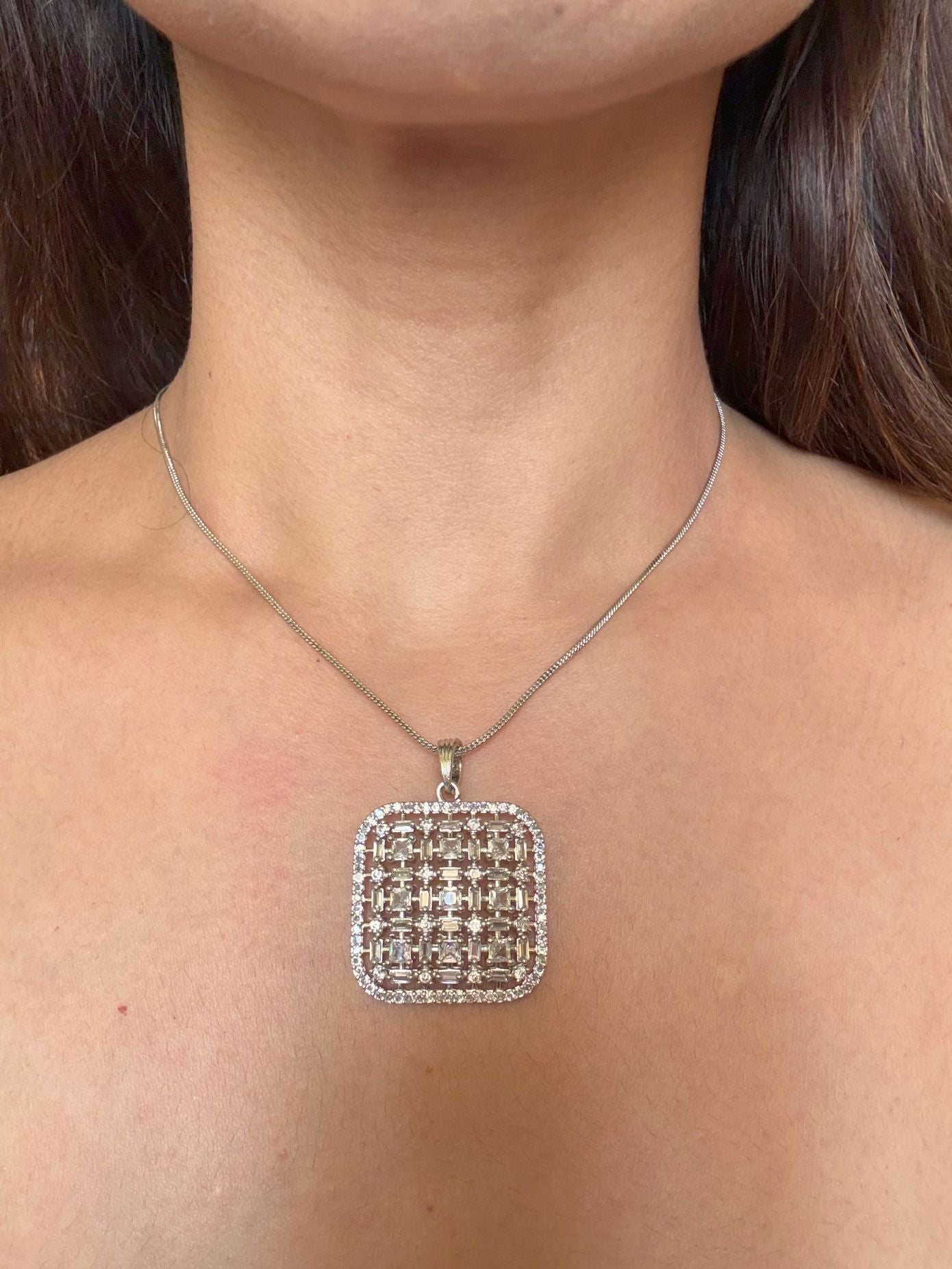 Shop Nayantara Nano Setting AD Pendant Set With Chain Online in India. Pendant sets in different stones like Kundan, Moissanite, CZ stones and AD stones. -front