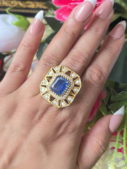 Shop  Gold Finish Big Cocktail Ring In Blue Doublet Stone Online in India. Shop from an exclusive range of zircon, CZ, AD, Kundan rings, solitaire ring, cocktail rings.
