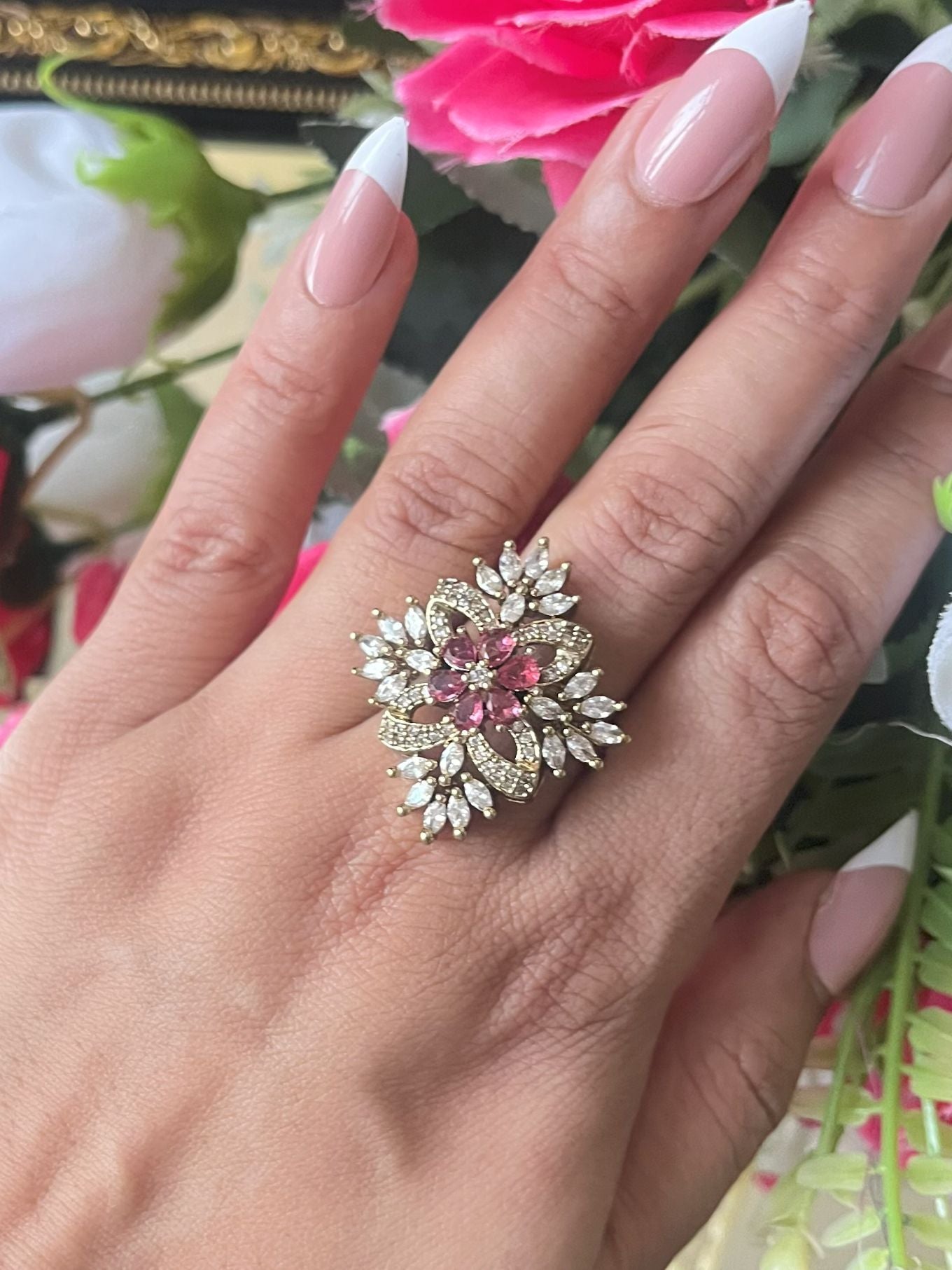 Shop Floral Victorian Diamond Rind In AD online in India. Shop from an exclusive range of zircon, CZ, AD, Kundan rings, solitaire ring, cocktail rings. -front