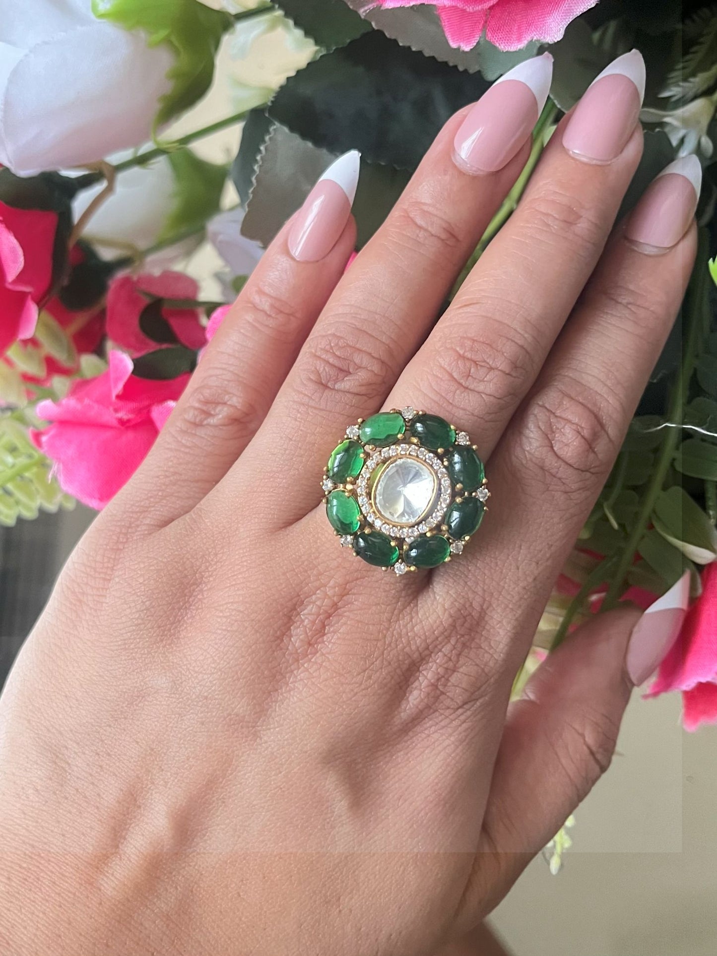 Shop Maya Emerald Green Cocktail Ring In Kundan online in India. Shop from an exclusive range of zircon, CZ, AD, Kundan rings, solitaire ring, cocktail rings. -front