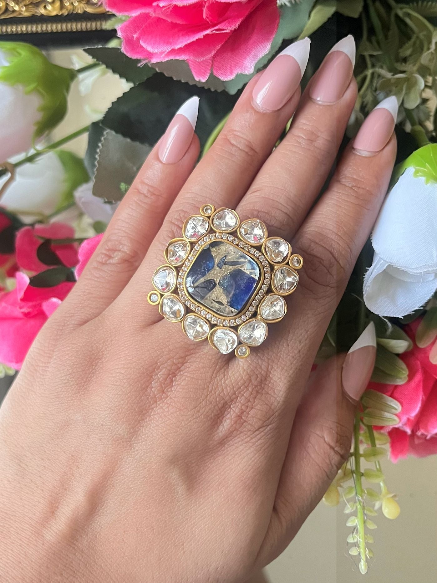 RG25A023 Blue Fire Stone Cocktail Ring In Kundan