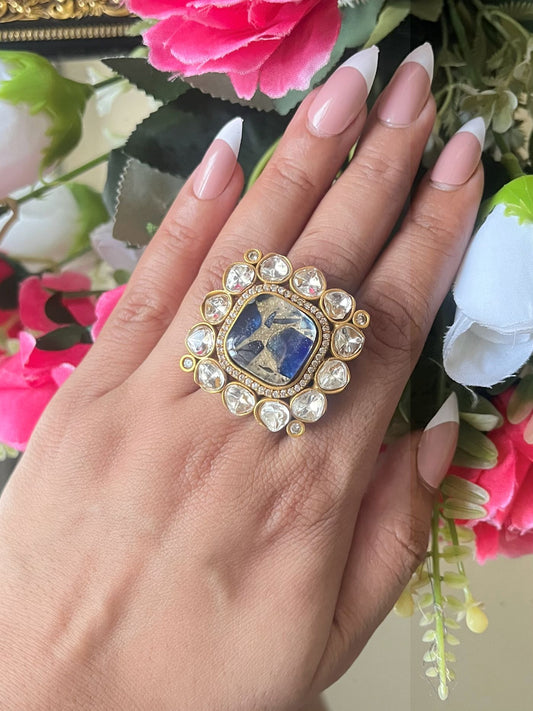 RG25A023 Blue Fire Stone Cocktail Ring In Kundan