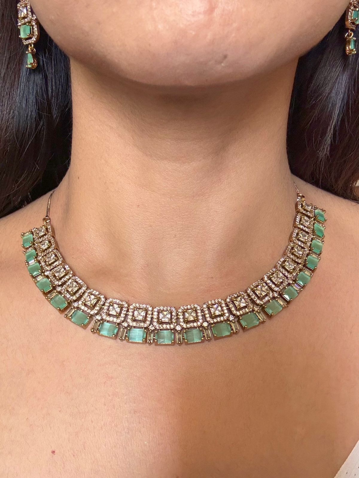 Shop rani mint green antique gold AD necklace set online in India. Shop from an exclusive range of jewellery, gold imitation necklace, brass necklace for weddings. -front