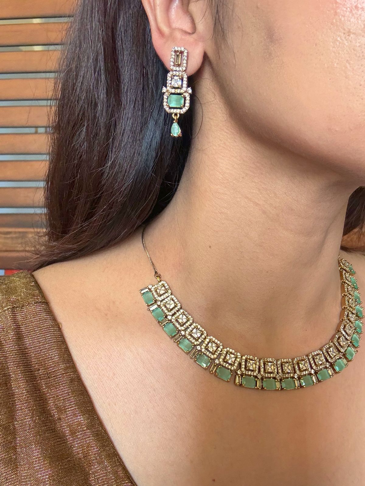 Shop rani mint green antique gold AD necklace set online in India. Shop from an exclusive range of jewellery, gold imitation necklace, brass necklace for weddings. -full view
