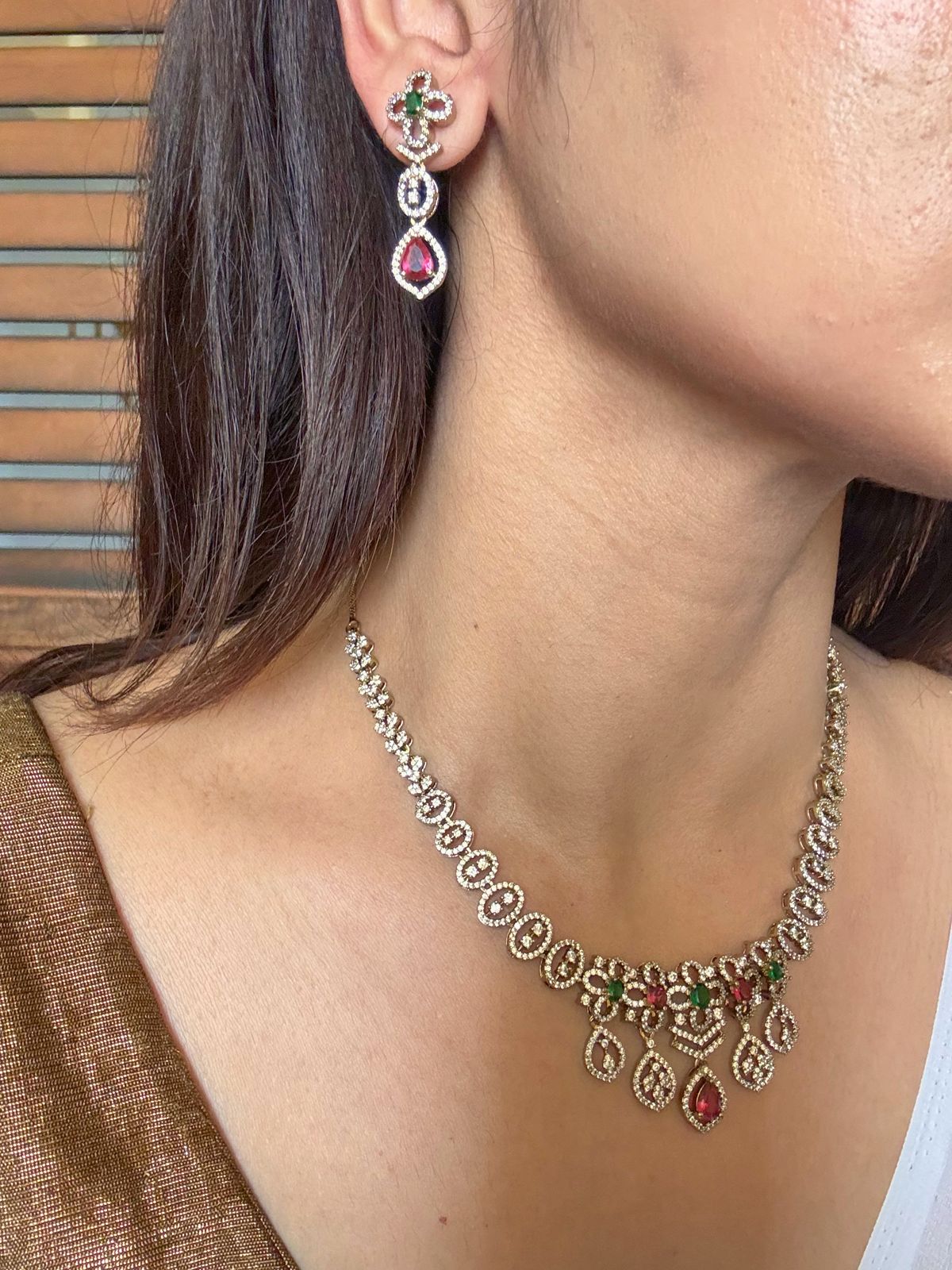 Shop multicolor boond antique gold AD necklace set online in India. Shop from an exclusive range of jewellery, gold imitation necklace, brass necklace for weddings. -details