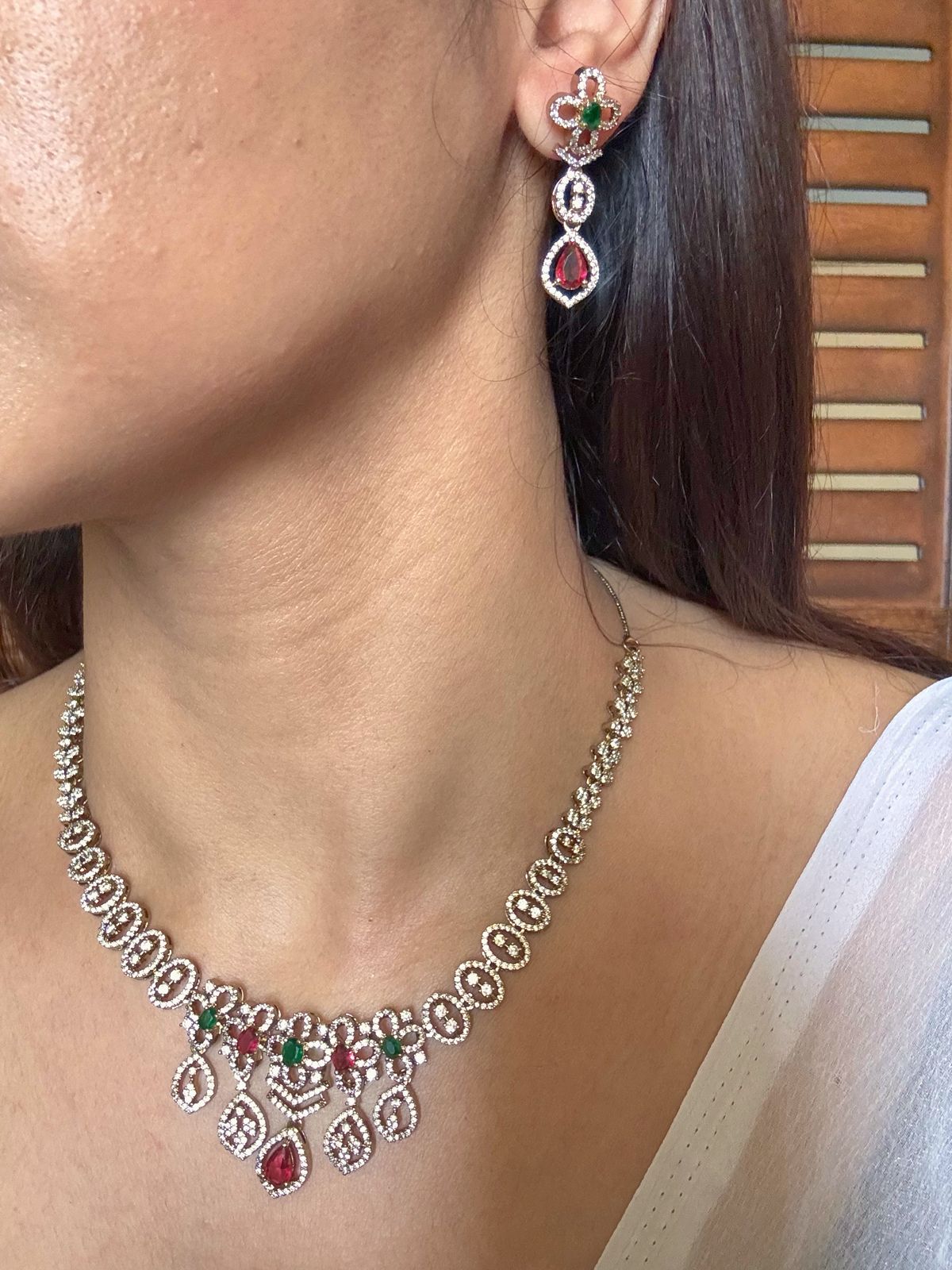 Shop multicolor boond antique gold AD necklace set online in India. Shop from an exclusive range of jewellery, gold imitation necklace, brass necklace for weddings. -side