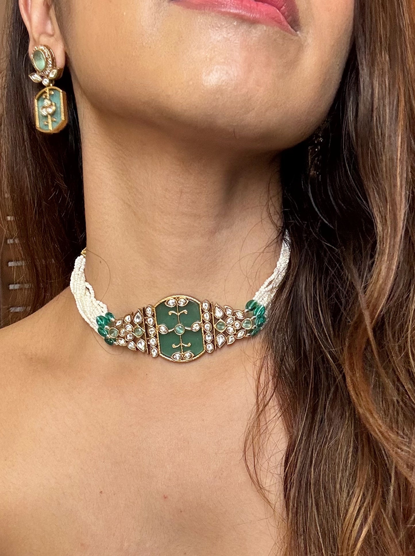 Buy sea green kundan AD pearl choker set online in India. Shop an exclusive range of zircon jewellery, Indian wedding jewelry, kundan jewellery, AD earrings, AD necklace.-closeup