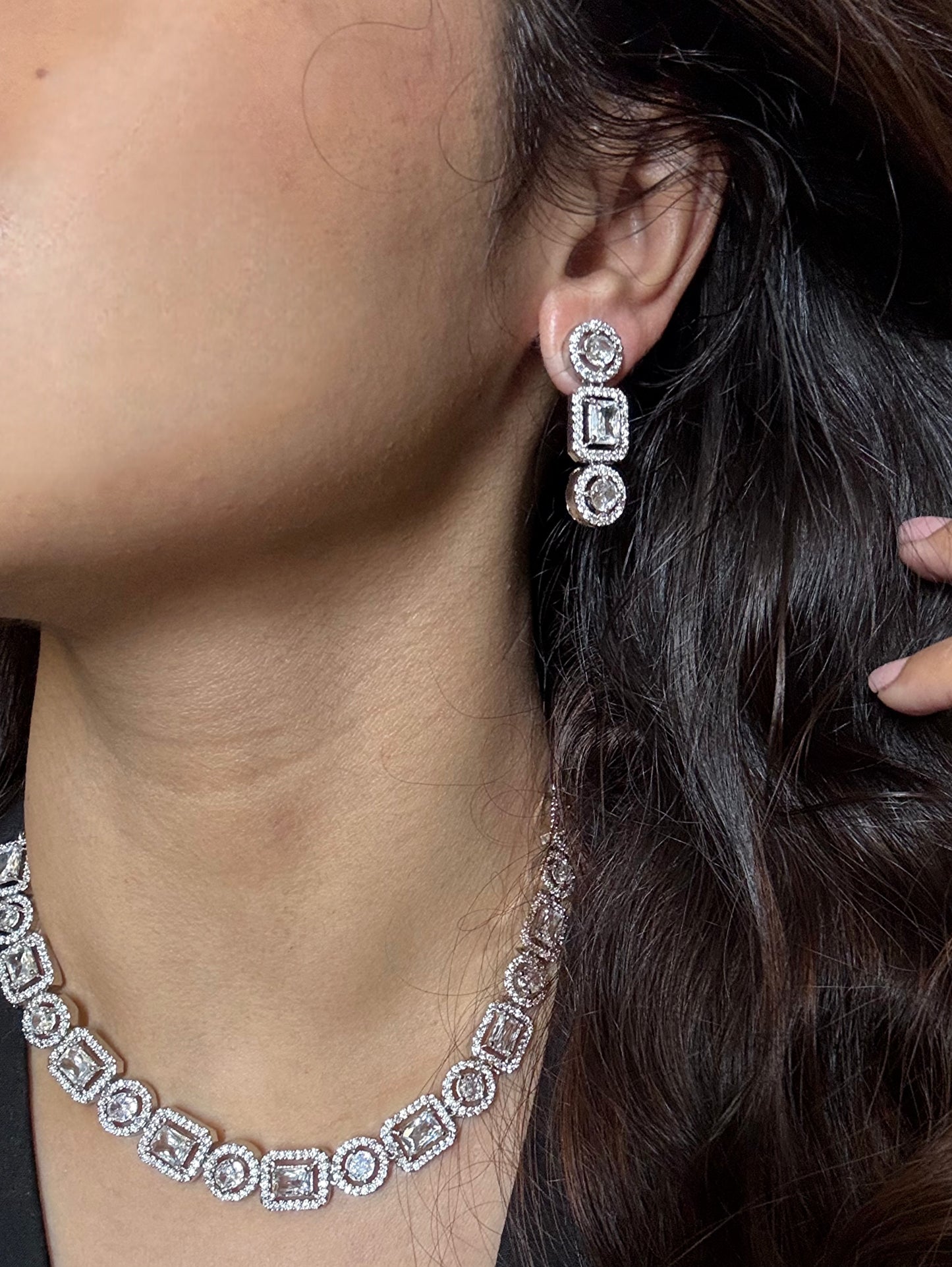 Shop AD solitaire string with earrings online in India. Shop an exclusive range of zircon jewellery, Indian wedding jewelry, kundan jewellery, AD earrings, AD necklace.-side