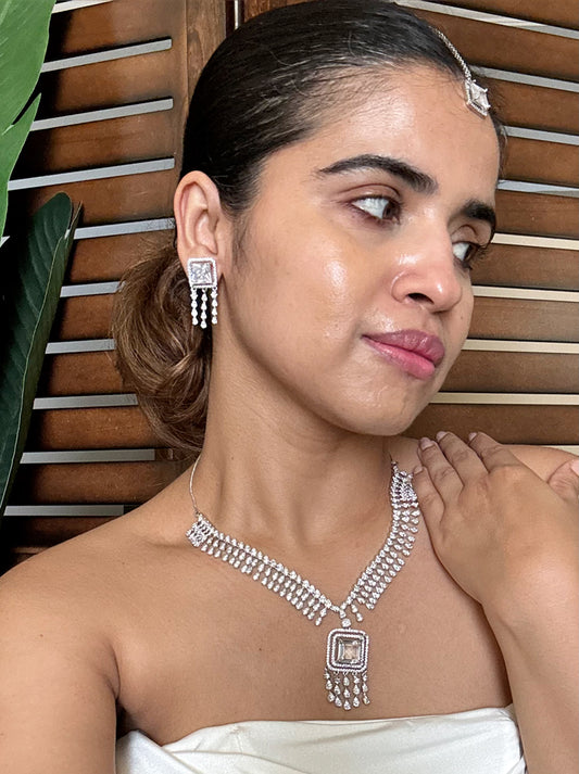 Buy AD Set With Maang Tikka online in India with earrings. Shop an exclusive range of zircon jewellery, Indian wedding jewelry, kundan jewellery, AD earrings, AD necklace.-first