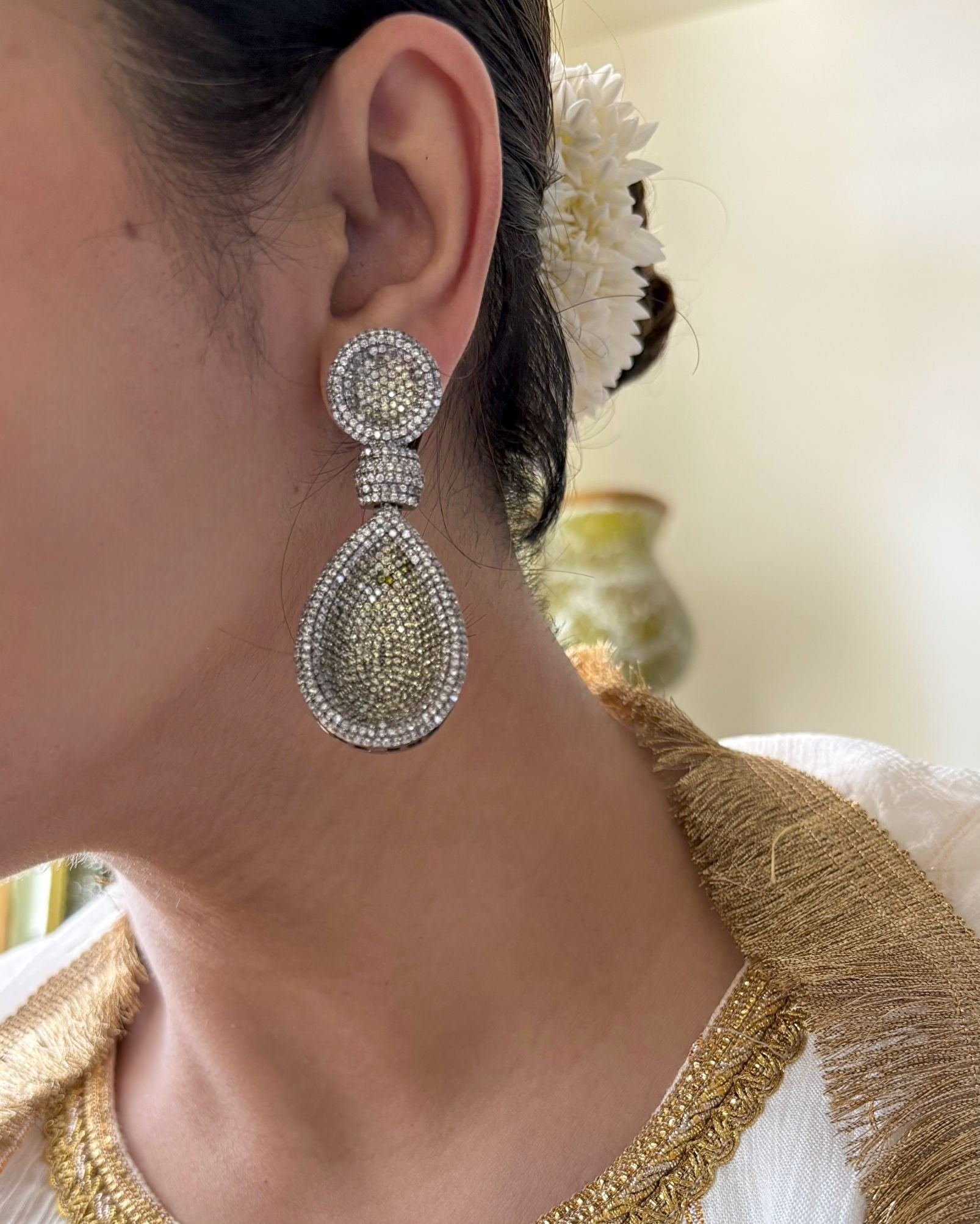 Shop Senorita Long Danglers in Golden Nano AD online in India. Shop bridal wedding jewelry, AD earrings, AD earrings sets for cocktail dresses and sangeet night. -front