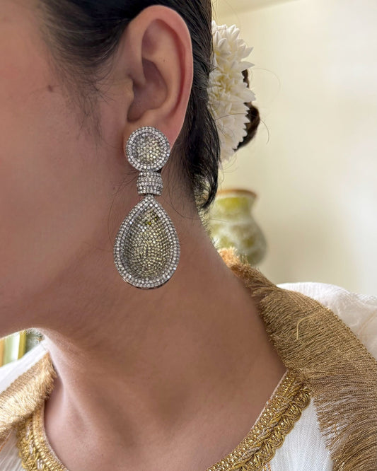 Shop Senorita Long Danglers in Golden Nano AD online in India. Shop bridal wedding jewelry, AD earrings, AD earrings sets for cocktail dresses and sangeet night. -front
