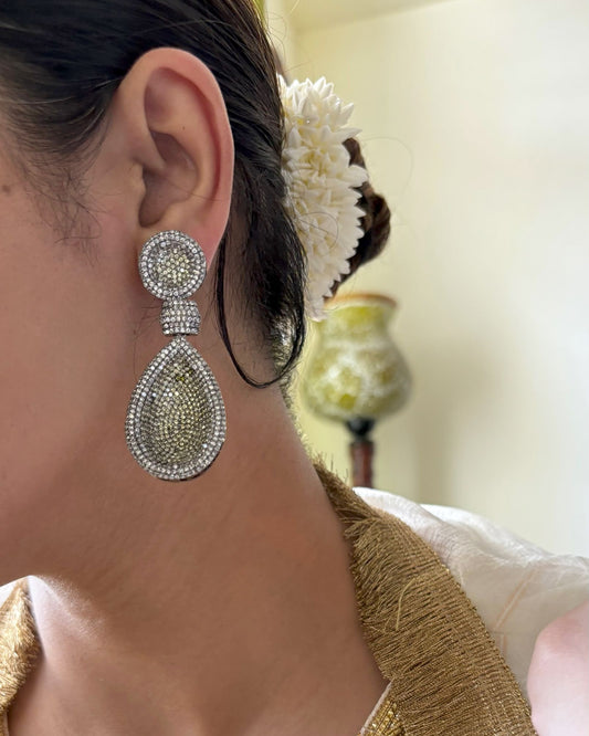 Shop women's Long Nano Setting AD Earrings In Golden online in India. Shop from an exclusive range of zircon jewellery, bridal wedding jewelry, silver plated earrings, rhodium plated jewellery, AD earrings, AD earrings sets for office parties, cocktail dresses and sangeet night.  -side