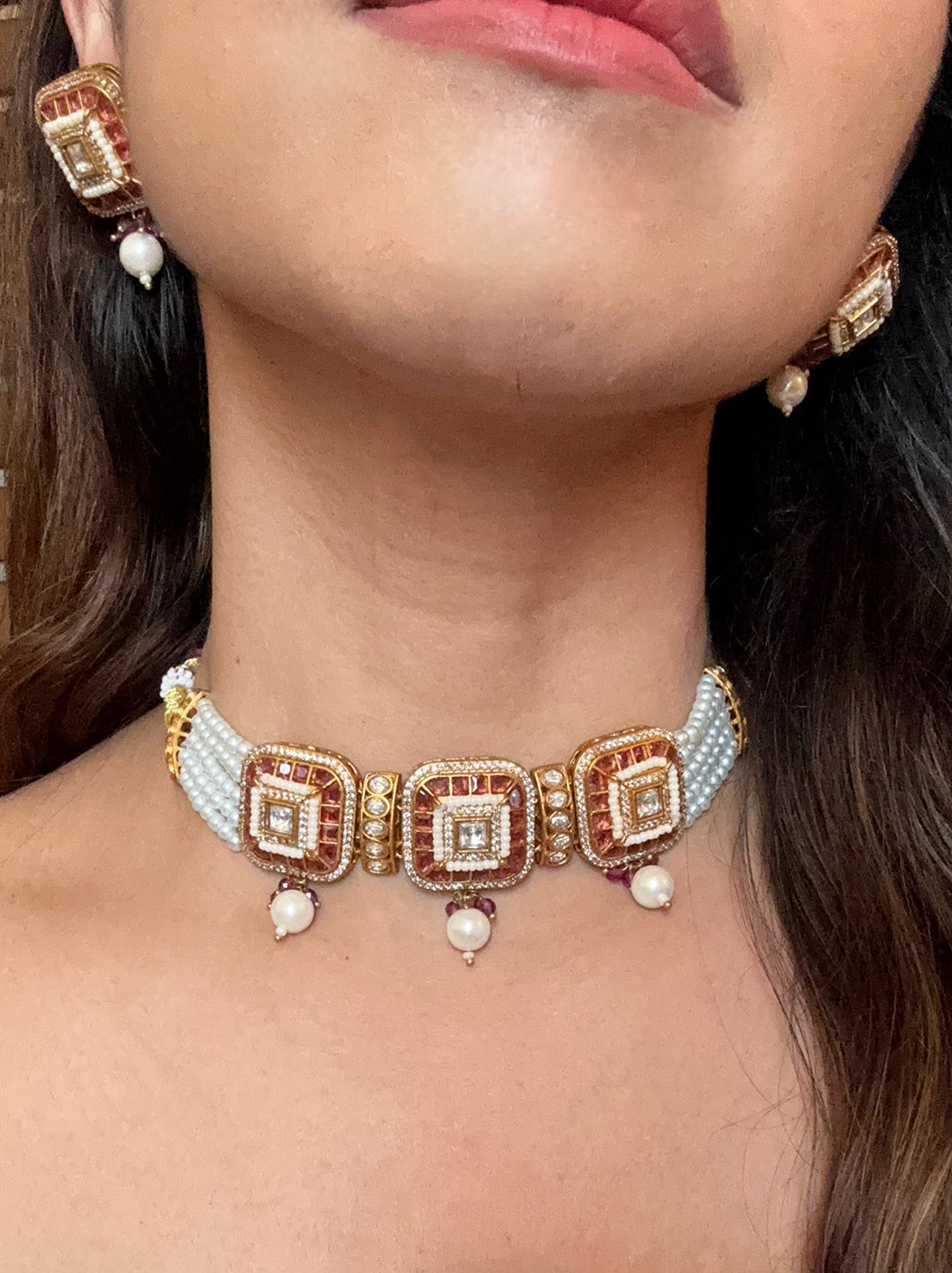 Shop red stone kundan AD pearl choker set online in India. Shop an exclusive range of zircon jewellery, Indian wedding jewelry, kundan jewellery, AD earrings, AD necklace.-choker
